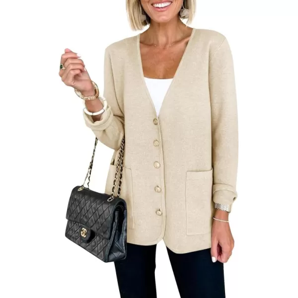 Saodimallsu Womens V Neck Cardigan Button Loose Knit Sweater Blazer Open Front Elegant Cardigans with PocketsBeige