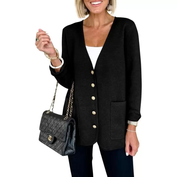 Saodimallsu Womens V Neck Cardigan Button Loose Knit Sweater Blazer Open Front Elegant Cardigans with PocketsBlack