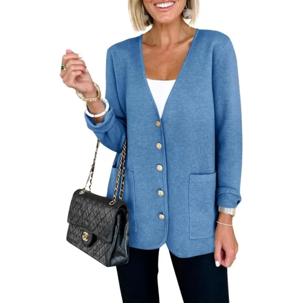 Saodimallsu Womens V Neck Cardigan Button Loose Knit Sweater Blazer Open Front Elegant Cardigans with PocketsBlue