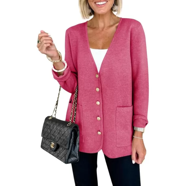 Saodimallsu Womens V Neck Cardigan Button Loose Knit Sweater Blazer Open Front Elegant Cardigans with PocketsBright Pink