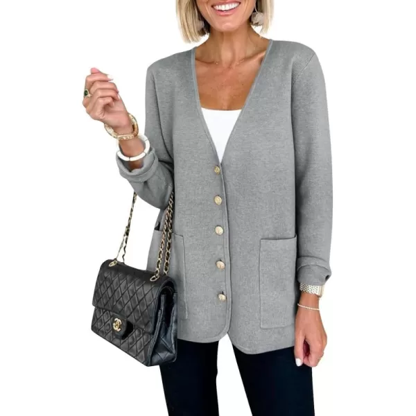 Saodimallsu Womens V Neck Cardigan Button Loose Knit Sweater Blazer Open Front Elegant Cardigans with PocketsGrey