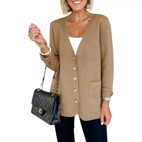 Saodimallsu Womens V Neck Cardigan Button Loose Knit Sweater Blazer Open Front Elegant Cardigans with PocketsKhaki