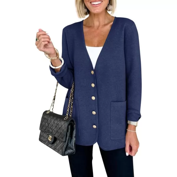 Saodimallsu Womens V Neck Cardigan Button Loose Knit Sweater Blazer Open Front Elegant Cardigans with PocketsNavy