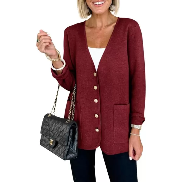 Saodimallsu Womens V Neck Cardigan Button Loose Knit Sweater Blazer Open Front Elegant Cardigans with PocketsWine Red