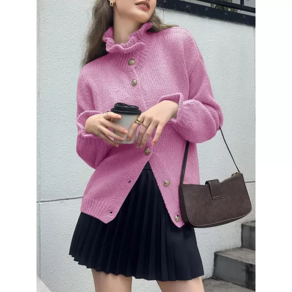 Saodimallsu Womens Ruffle Cardigan Oversized Button Up Fall Trendy Ribbed Knit Open Front Long Sleeve Loose Cute SweaterPink