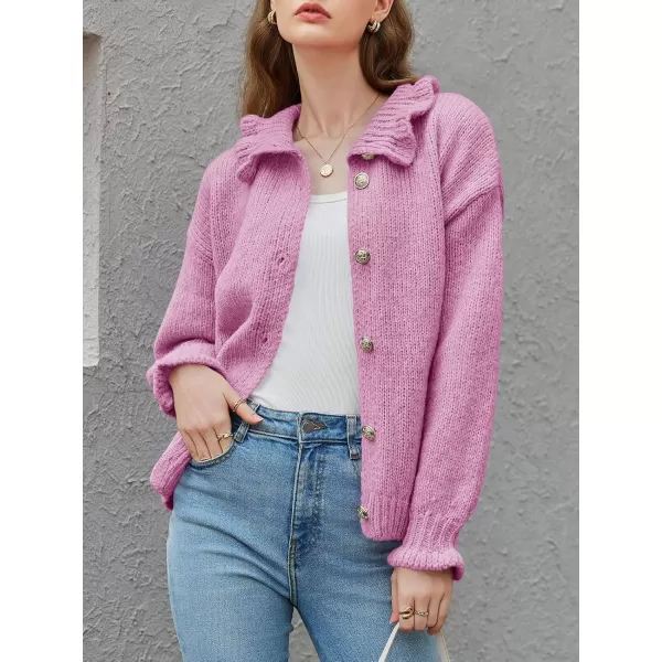 Saodimallsu Womens Ruffle Cardigan Oversized Button Up Fall Trendy Ribbed Knit Open Front Long Sleeve Loose Cute SweaterPink