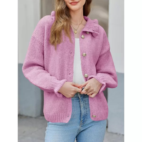 Saodimallsu Womens Ruffle Cardigan Oversized Button Up Fall Trendy Ribbed Knit Open Front Long Sleeve Loose Cute SweaterPink