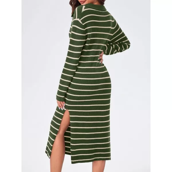 Saodimallsu Womens Striped Sweater Dress Fall Chunky Knit V Neck Collared Long Sleeve Sexy Slit Loose Midi DressesArmy Green