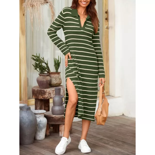 Saodimallsu Womens Striped Sweater Dress Fall Chunky Knit V Neck Collared Long Sleeve Sexy Slit Loose Midi DressesArmy Green