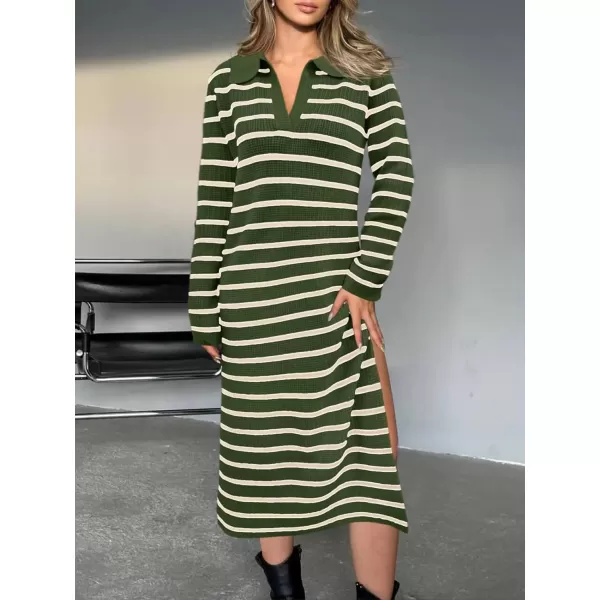 Saodimallsu Womens Striped Sweater Dress Fall Chunky Knit V Neck Collared Long Sleeve Sexy Slit Loose Midi DressesArmy Green