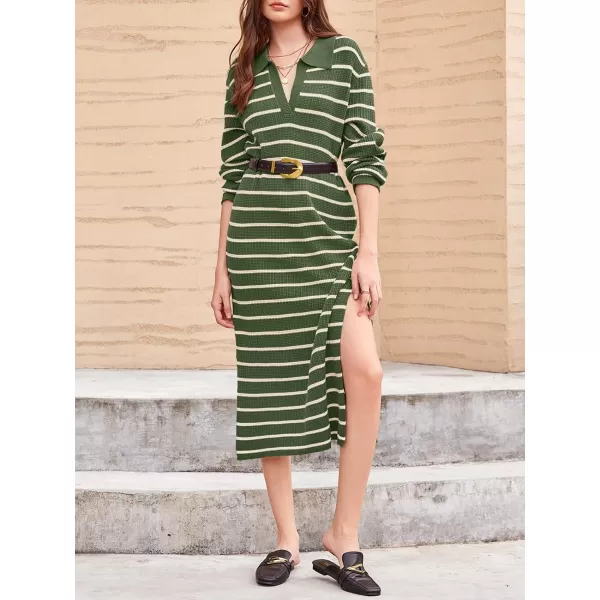 Saodimallsu Womens Striped Sweater Dress Fall Chunky Knit V Neck Collared Long Sleeve Sexy Slit Loose Midi DressesArmy Green