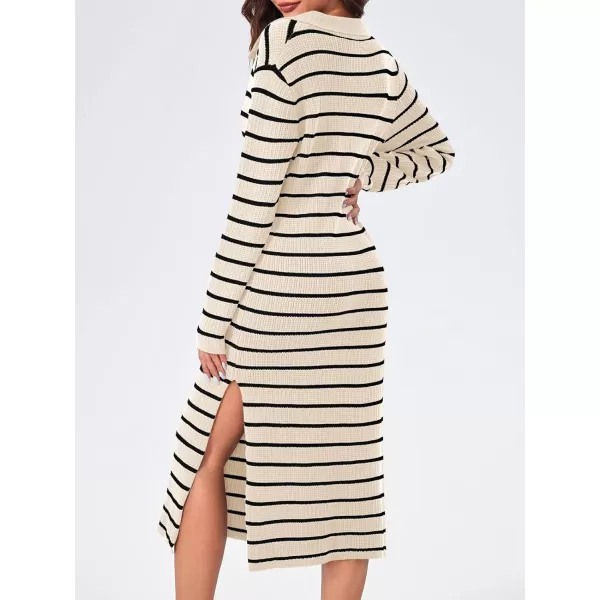 Saodimallsu Womens Striped Sweater Dress Fall Chunky Knit V Neck Collared Long Sleeve Sexy Slit Loose Midi DressesBeige