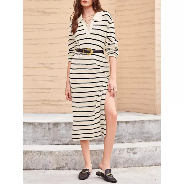 Saodimallsu Womens Striped Sweater Dress Fall Chunky Knit V Neck Collared Long Sleeve Sexy Slit Loose Midi DressesBeige