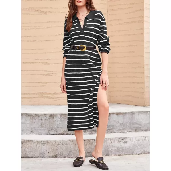 Saodimallsu Womens Striped Sweater Dress Fall Chunky Knit V Neck Collared Long Sleeve Sexy Slit Loose Midi DressesBlack