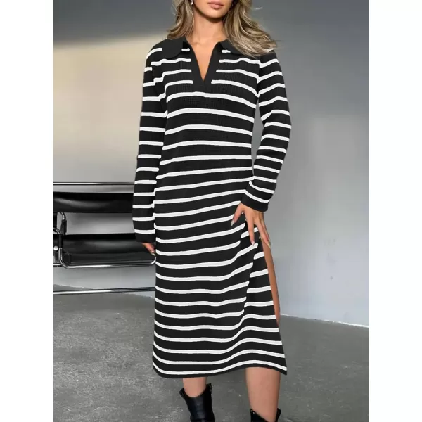 Saodimallsu Womens Striped Sweater Dress Fall Chunky Knit V Neck Collared Long Sleeve Sexy Slit Loose Midi DressesBlack