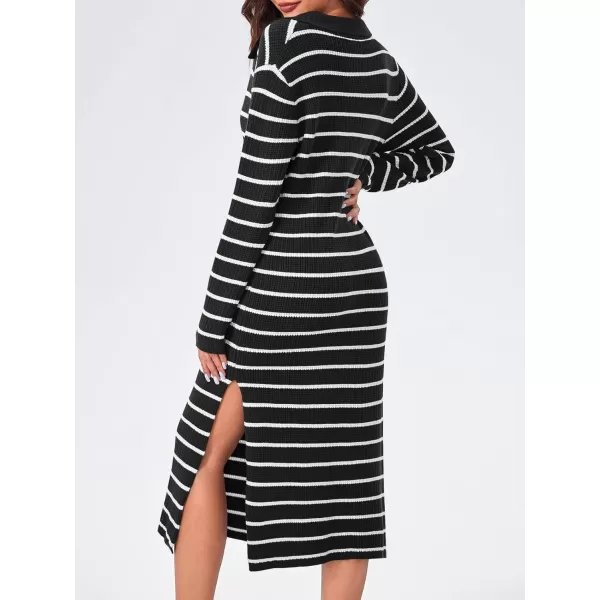 Saodimallsu Womens Striped Sweater Dress Fall Chunky Knit V Neck Collared Long Sleeve Sexy Slit Loose Midi DressesBlack