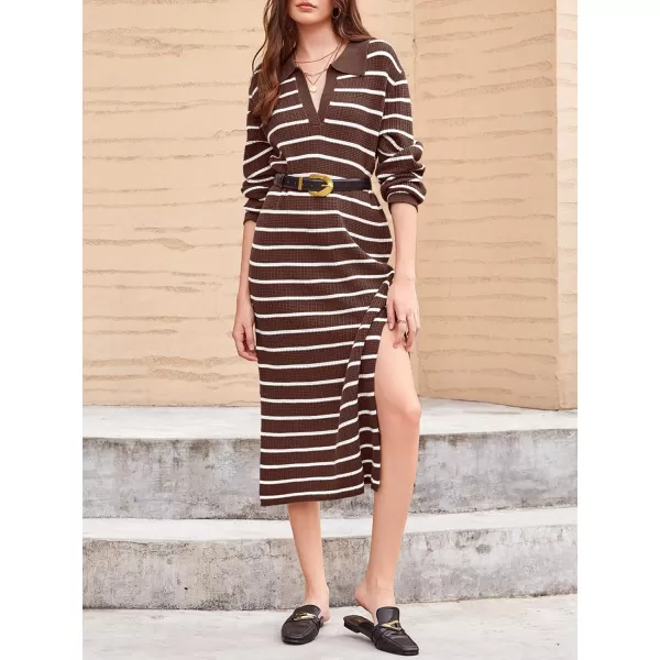 Saodimallsu Womens Striped Sweater Dress Fall Chunky Knit V Neck Collared Long Sleeve Sexy Slit Loose Midi DressesBrown