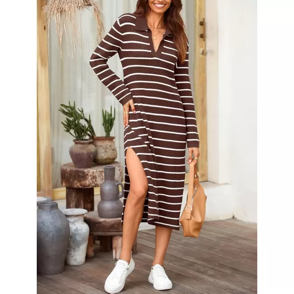 Saodimallsu Womens Striped Sweater Dress Fall Chunky Knit V Neck Collared Long Sleeve Sexy Slit Loose Midi DressesBrown