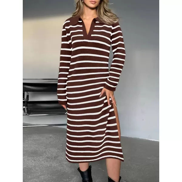 Saodimallsu Womens Striped Sweater Dress Fall Chunky Knit V Neck Collared Long Sleeve Sexy Slit Loose Midi DressesBrown