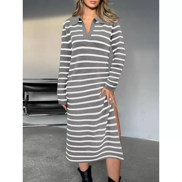 Saodimallsu Womens Striped Sweater Dress Fall Chunky Knit V Neck Collared Long Sleeve Sexy Slit Loose Midi DressesGrey