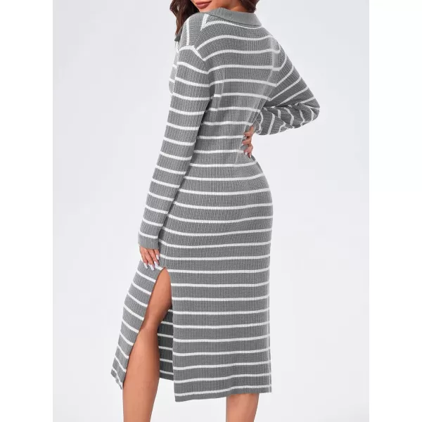 Saodimallsu Womens Striped Sweater Dress Fall Chunky Knit V Neck Collared Long Sleeve Sexy Slit Loose Midi DressesGrey