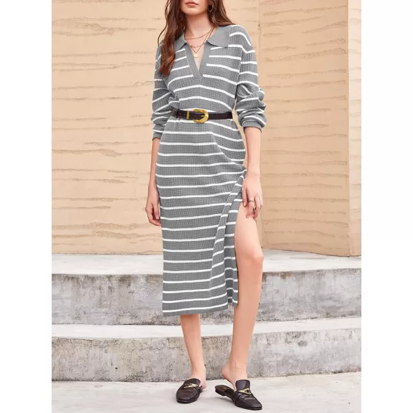 Saodimallsu Womens Striped Sweater Dress Fall Chunky Knit V Neck Collared Long Sleeve Sexy Slit Loose Midi DressesGrey