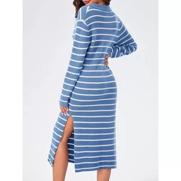 Saodimallsu Womens Striped Sweater Dress Fall Chunky Knit V Neck Collared Long Sleeve Sexy Slit Loose Midi DressesLight Blue