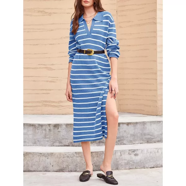 Saodimallsu Womens Striped Sweater Dress Fall Chunky Knit V Neck Collared Long Sleeve Sexy Slit Loose Midi DressesLight Blue