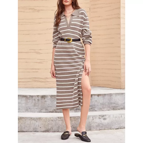 Saodimallsu Womens Striped Sweater Dress Fall Chunky Knit V Neck Collared Long Sleeve Sexy Slit Loose Midi DressesLight Khaki