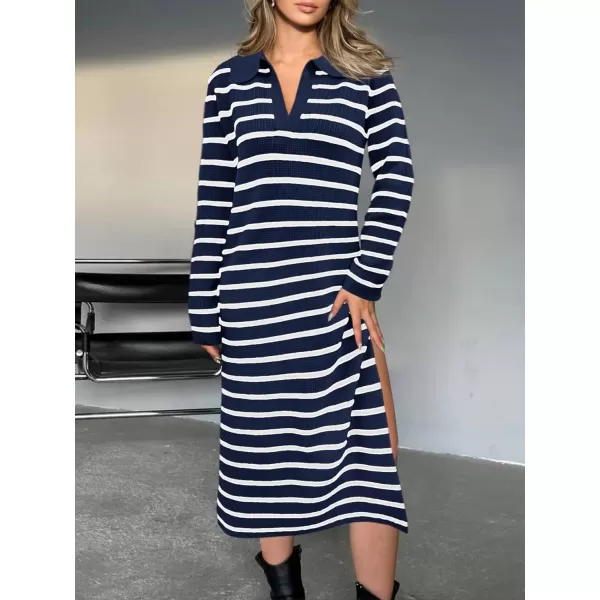 Saodimallsu Womens Striped Sweater Dress Fall Chunky Knit V Neck Collared Long Sleeve Sexy Slit Loose Midi DressesNavy