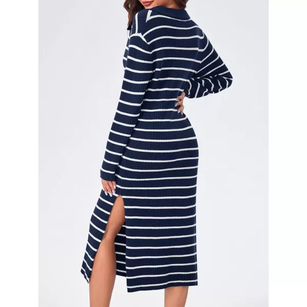 Saodimallsu Womens Striped Sweater Dress Fall Chunky Knit V Neck Collared Long Sleeve Sexy Slit Loose Midi DressesNavy