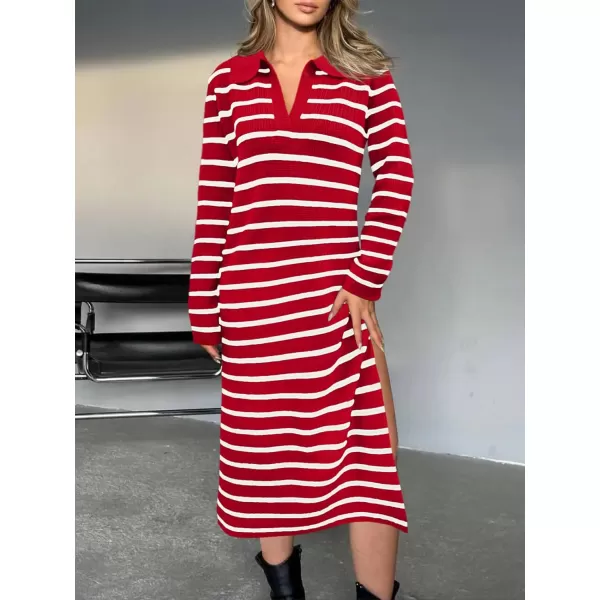 Saodimallsu Womens Striped Sweater Dress Fall Chunky Knit V Neck Collared Long Sleeve Sexy Slit Loose Midi DressesRed