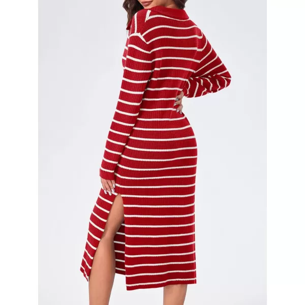 Saodimallsu Womens Striped Sweater Dress Fall Chunky Knit V Neck Collared Long Sleeve Sexy Slit Loose Midi DressesRed