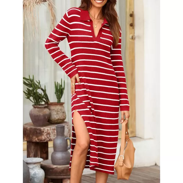 Saodimallsu Womens Striped Sweater Dress Fall Chunky Knit V Neck Collared Long Sleeve Sexy Slit Loose Midi DressesRed