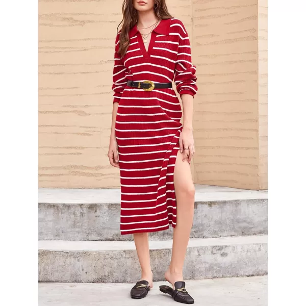 Saodimallsu Womens Striped Sweater Dress Fall Chunky Knit V Neck Collared Long Sleeve Sexy Slit Loose Midi DressesRed