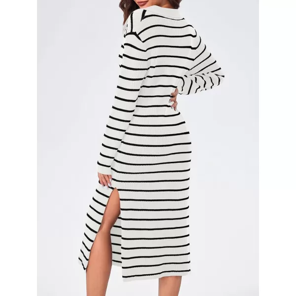 Saodimallsu Womens Striped Sweater Dress Fall Chunky Knit V Neck Collared Long Sleeve Sexy Slit Loose Midi DressesWhite