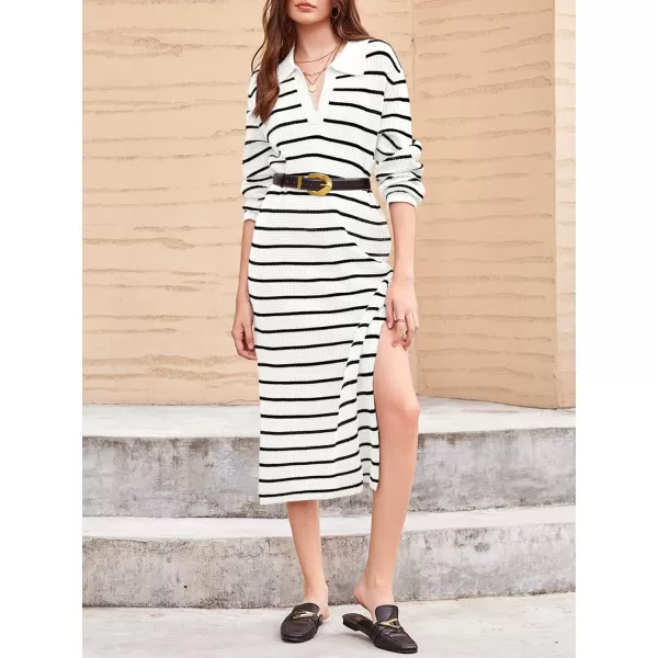 Saodimallsu Womens Striped Sweater Dress Fall Chunky Knit V Neck Collared Long Sleeve Sexy Slit Loose Midi DressesWhite