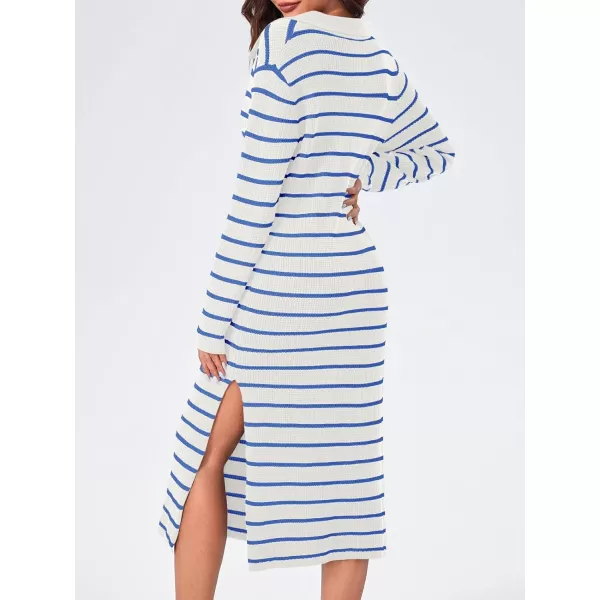 Saodimallsu Womens Striped Sweater Dress Fall Chunky Knit V Neck Collared Long Sleeve Sexy Slit Loose Midi DressesWhiteblue