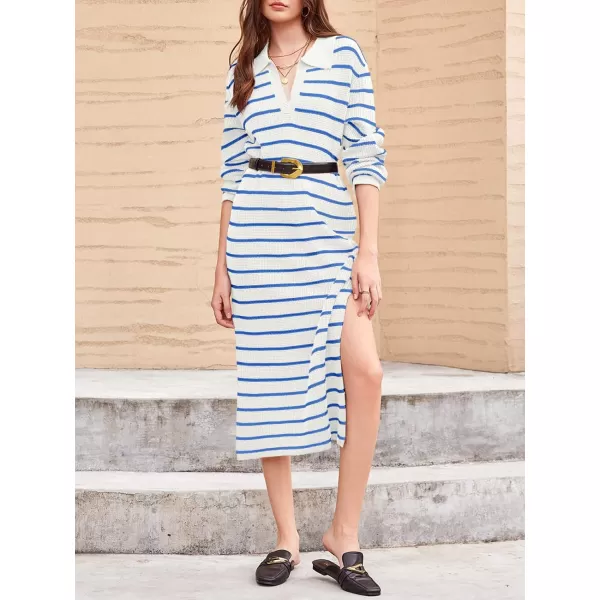 Saodimallsu Womens Striped Sweater Dress Fall Chunky Knit V Neck Collared Long Sleeve Sexy Slit Loose Midi DressesWhiteblue