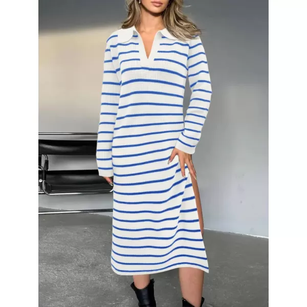 Saodimallsu Womens Striped Sweater Dress Fall Chunky Knit V Neck Collared Long Sleeve Sexy Slit Loose Midi DressesWhiteblue