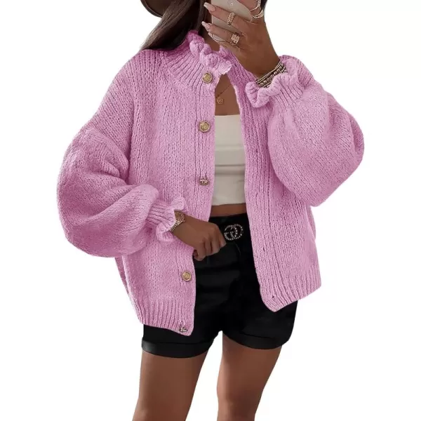 Saodimallsu Womens Ruffle Cardigan Oversized Button Up Fall Trendy Ribbed Knit Open Front Long Sleeve Loose Cute SweaterPink