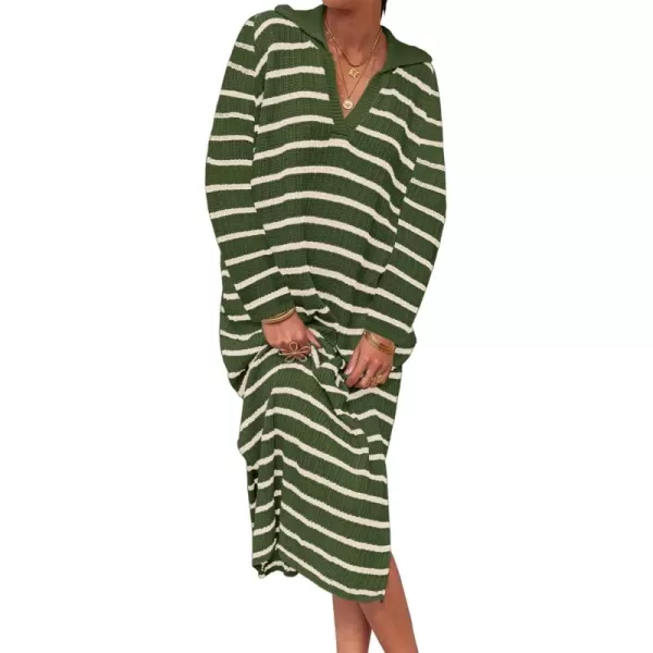 Saodimallsu Womens Striped Sweater Dress Fall Chunky Knit V Neck Collared Long Sleeve Sexy Slit Loose Midi DressesArmy Green