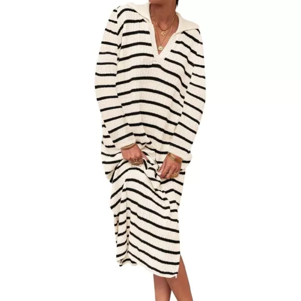 Saodimallsu Womens Striped Sweater Dress Fall Chunky Knit V Neck Collared Long Sleeve Sexy Slit Loose Midi DressesBeige