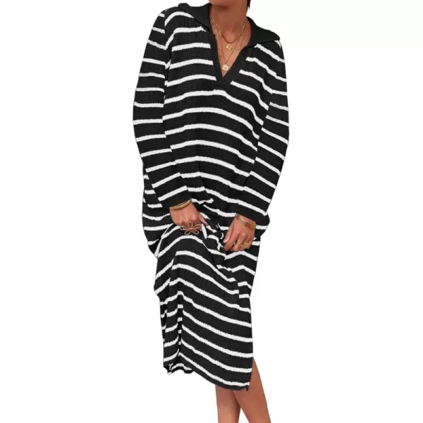 Saodimallsu Womens Striped Sweater Dress Fall Chunky Knit V Neck Collared Long Sleeve Sexy Slit Loose Midi DressesBlack