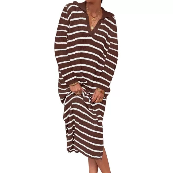 Saodimallsu Womens Striped Sweater Dress Fall Chunky Knit V Neck Collared Long Sleeve Sexy Slit Loose Midi DressesBrown