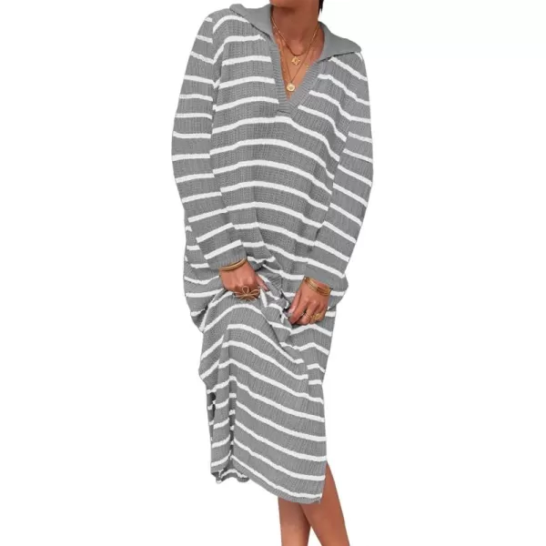 Saodimallsu Womens Striped Sweater Dress Fall Chunky Knit V Neck Collared Long Sleeve Sexy Slit Loose Midi DressesGrey