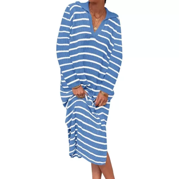 Saodimallsu Womens Striped Sweater Dress Fall Chunky Knit V Neck Collared Long Sleeve Sexy Slit Loose Midi DressesLight Blue