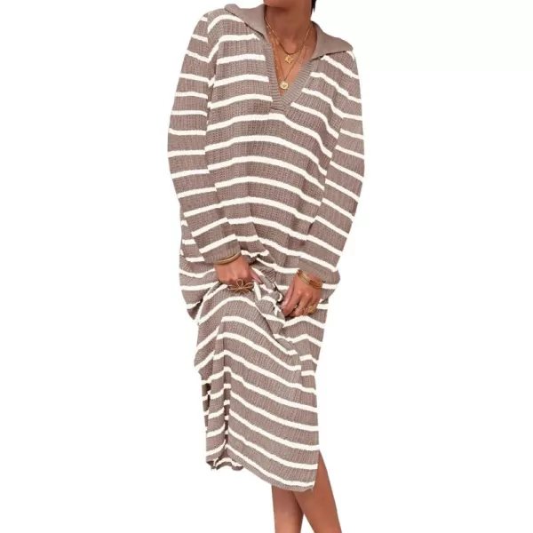 Saodimallsu Womens Striped Sweater Dress Fall Chunky Knit V Neck Collared Long Sleeve Sexy Slit Loose Midi DressesLight Khaki