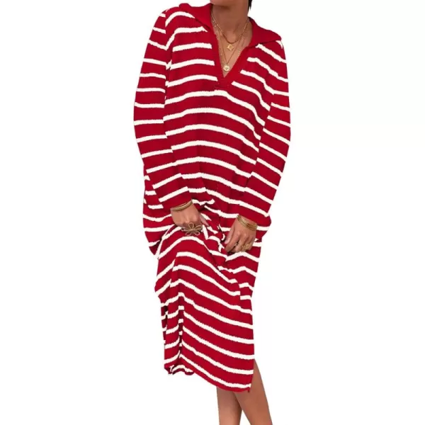 Saodimallsu Womens Striped Sweater Dress Fall Chunky Knit V Neck Collared Long Sleeve Sexy Slit Loose Midi DressesRed