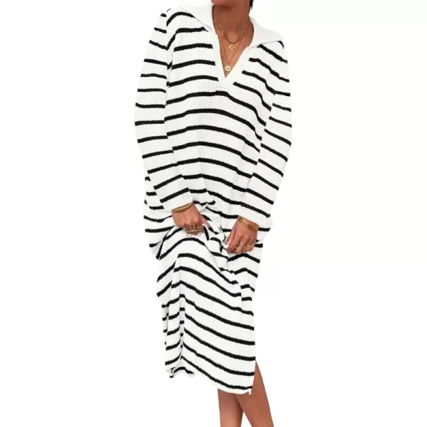 Saodimallsu Womens Striped Sweater Dress Fall Chunky Knit V Neck Collared Long Sleeve Sexy Slit Loose Midi DressesWhite